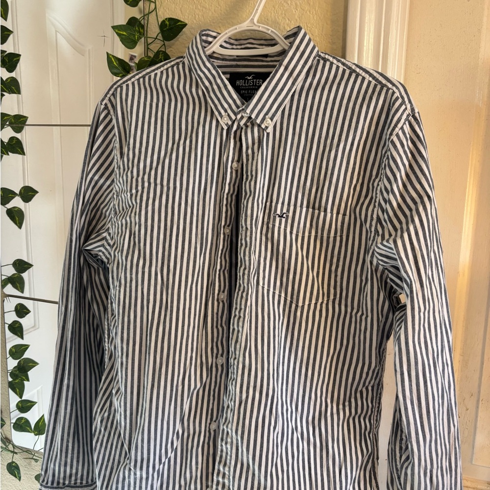 Hollister Navy and White Striped Button-Up